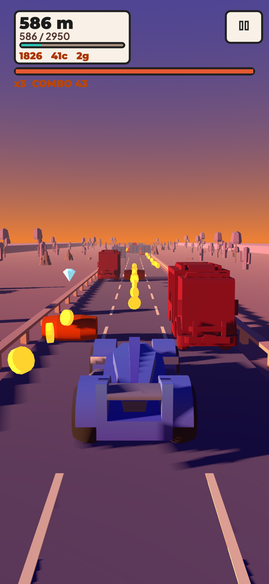 Chapter six: the prototype on the highway at dusk under a purple and orange sky, overtaking red trucks and collecting coins.