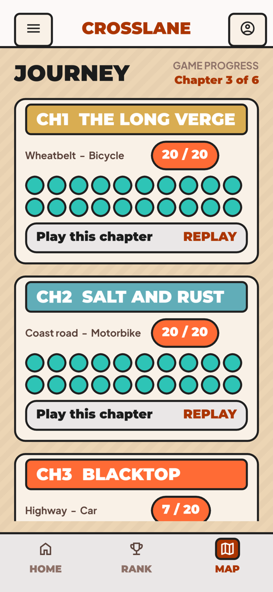 The Crosslane journey screen, listing the six chapters with the landscape, vehicle and level progress for each.